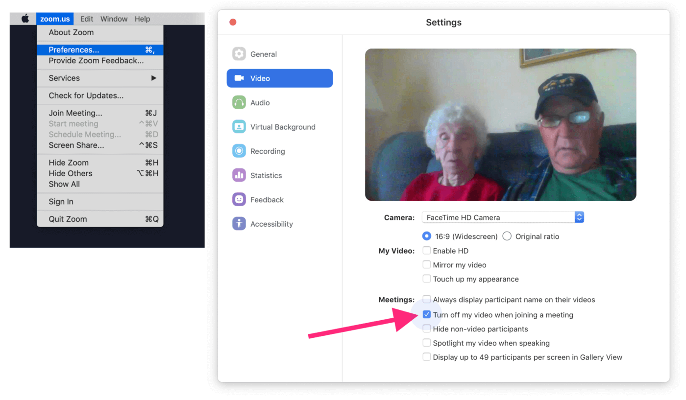 A screenshot exhibiting where to find the Zoom preferences page.