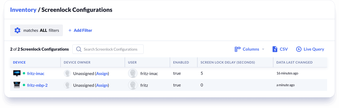 A cropped screenshot of Kolide's app displaying the screenlock configuration of several Macs