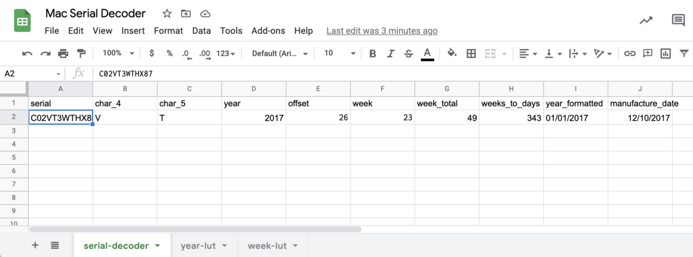 A screenshot of Google Sheets showing the Mac Serial Decoder