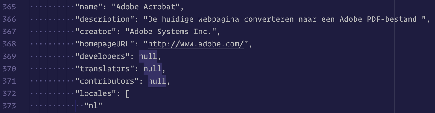A cropped screenshot of a code editor of a JSON file with nulls highlighted
