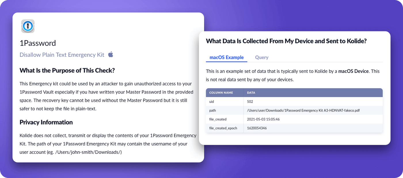 A screenshot from the Kolide Privacy Center showing the 1Password Check description and the data collected