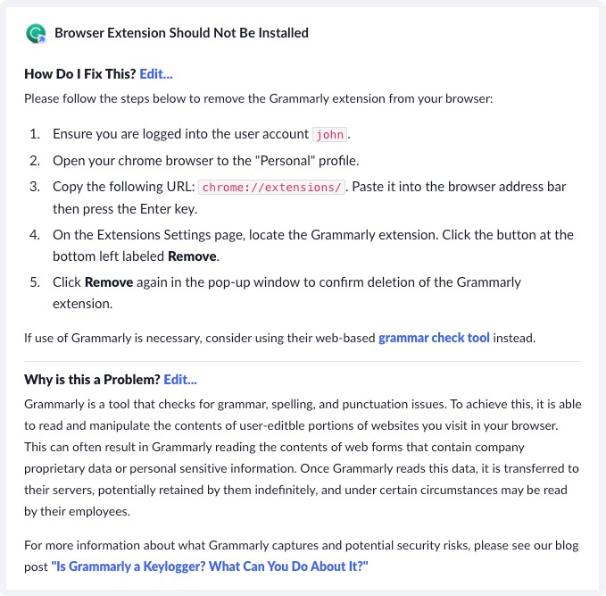 A screenshot of Slack showing a message about Grammarly sent to an end-user.