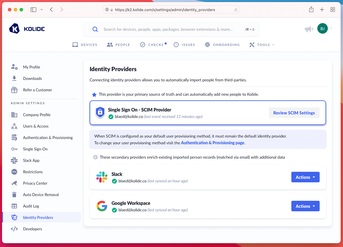 screenshot showing the list of identity providers in Kolide