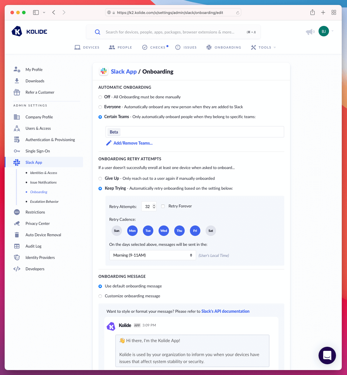 screenshot of the Automatic onboarding settings showing new configuration options